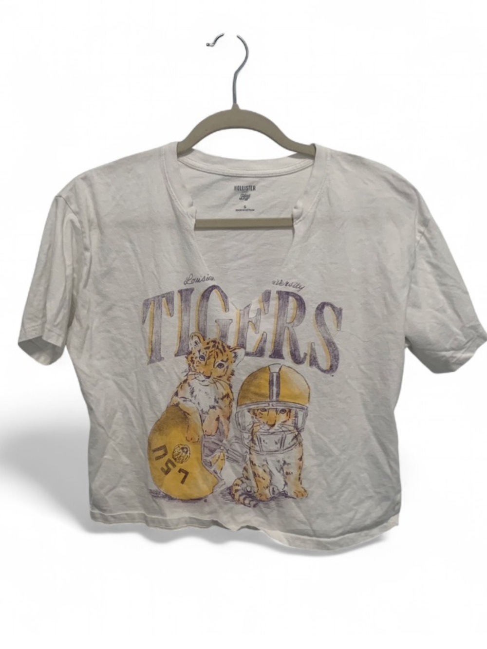 Hollister LSU Football Tiger Cubs White Cropped Short Sleeve Tee Shirt